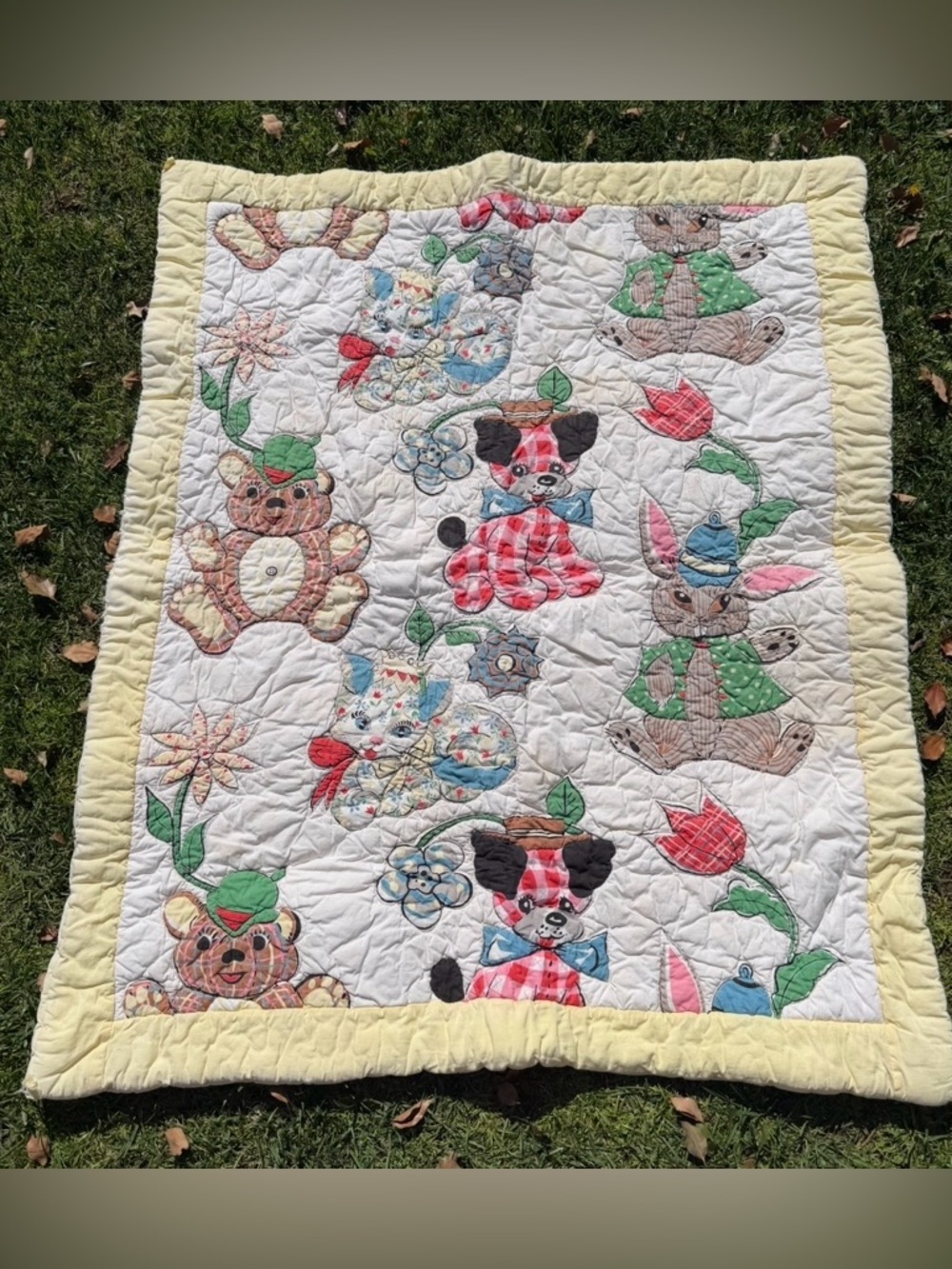 VTG Mid Century Animal Crib Blanket Puppy Kitty Bunny Flower Yellow Cutter 38x44